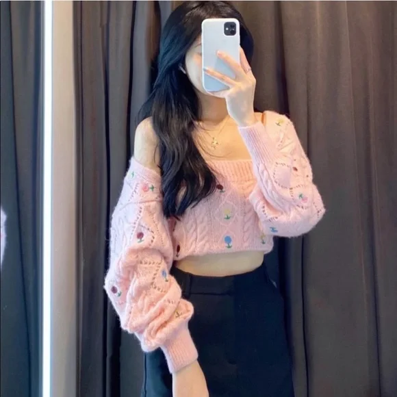 NWT ZARA PINK POINTELLE KNIT CROPPED CARDIGN - Picture 4 of 5